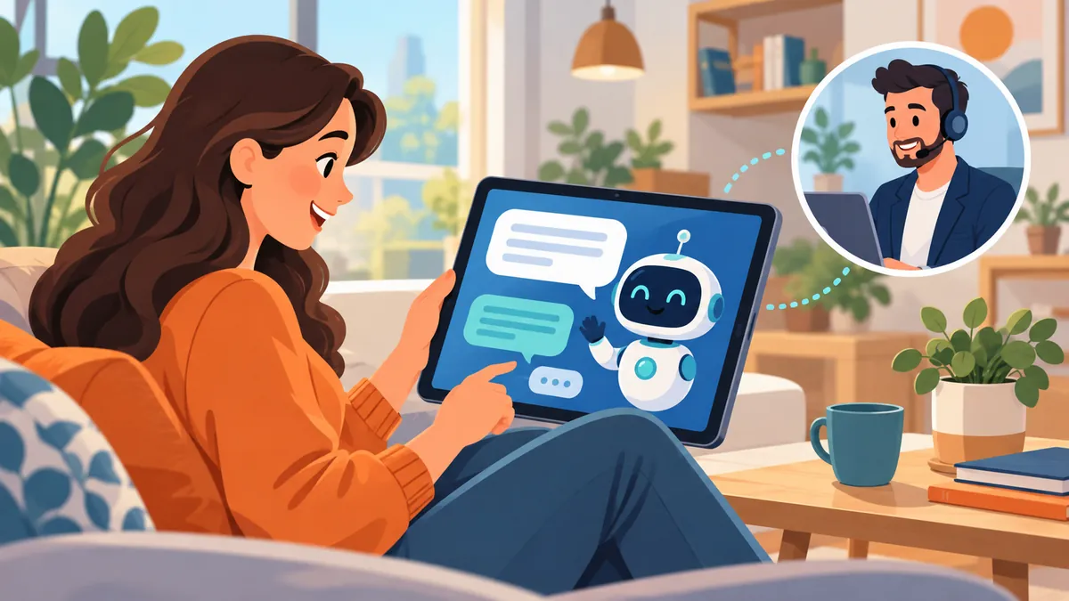 Una cliente usa un chatbot sul tablet con un operatore umano disponibile per il supporto