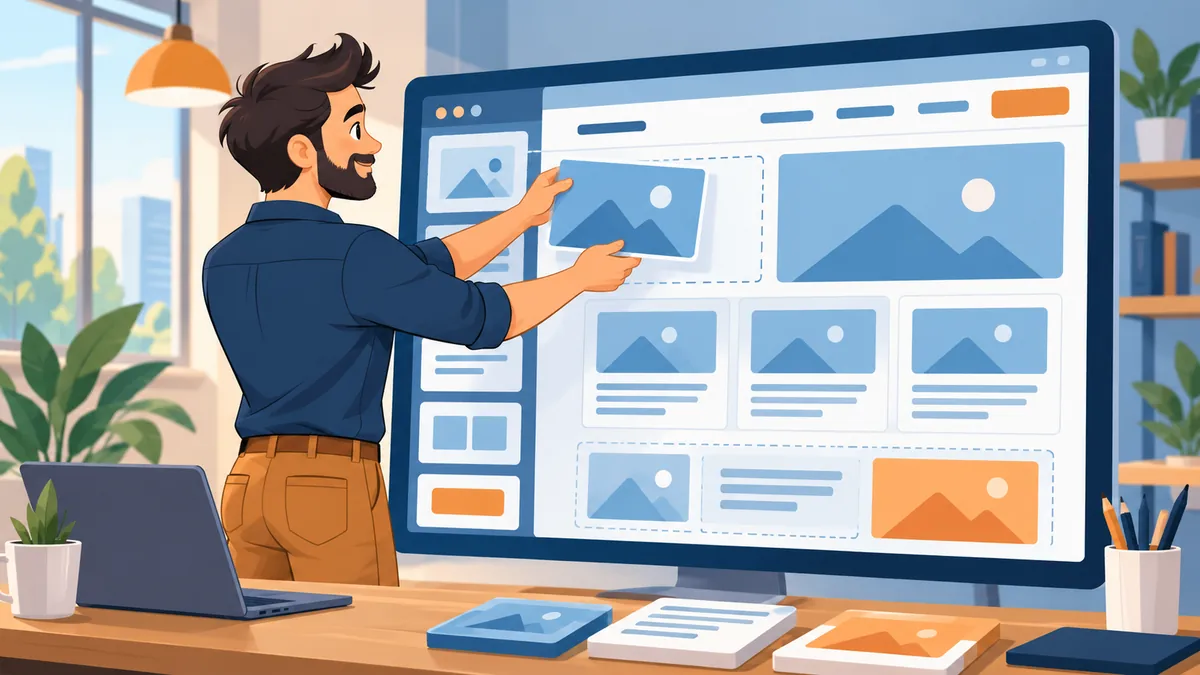 Un professionista compone una pagina web con blocchi e immagini su un grande schermo